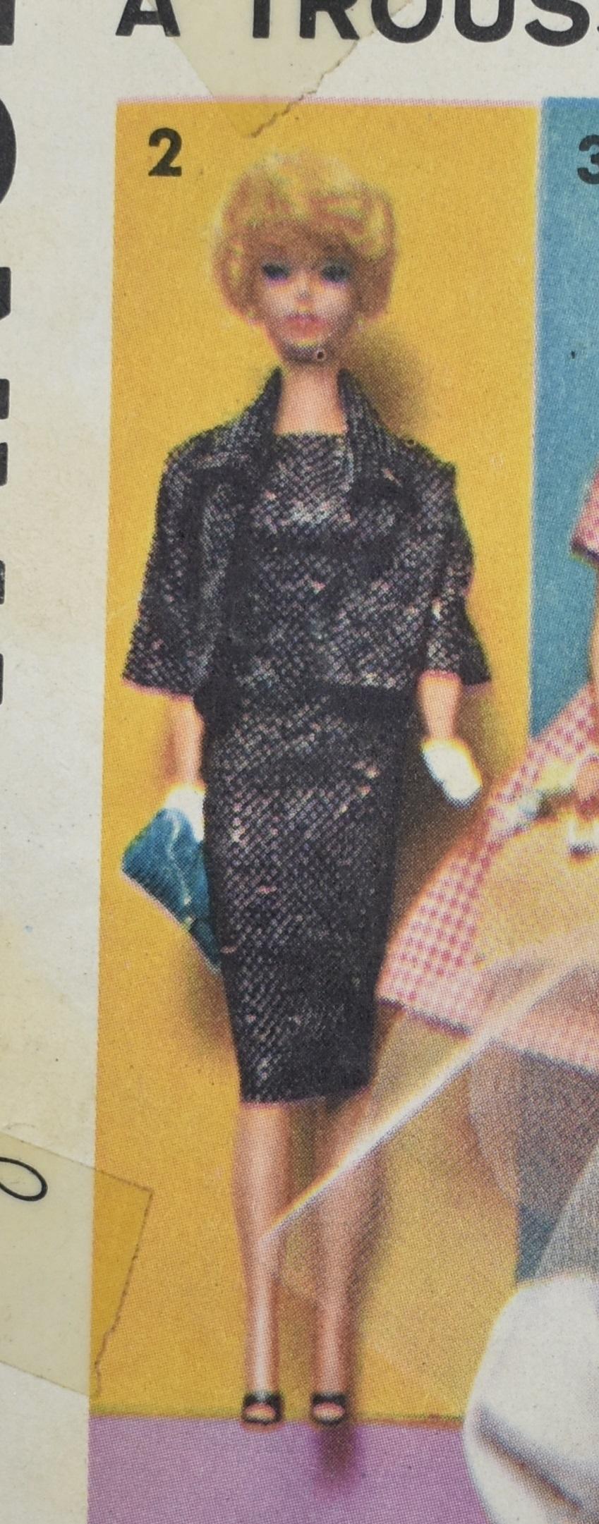 This image shows Sew-Easy Patterns by Advance vintage Mattel, Inc. Toymakers Barbie doll clothes sewing pattern #2895 with a zoom-in on View 2. This doll outfit appears to include a classy black dress with a matching black shrug that has 3/4 inch sleeves, accentuating the tiny white mittens that the vintage Barbie doll with blond bubble cut hair is wearing.