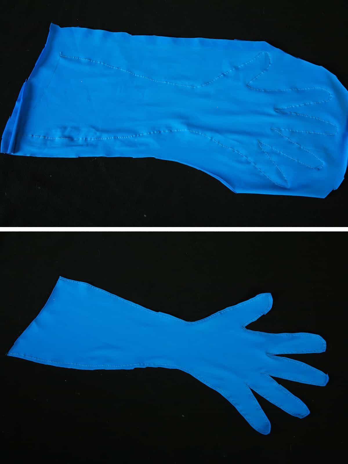 A two part compilation image showing a blue spandex glove, before and after being trimmed.