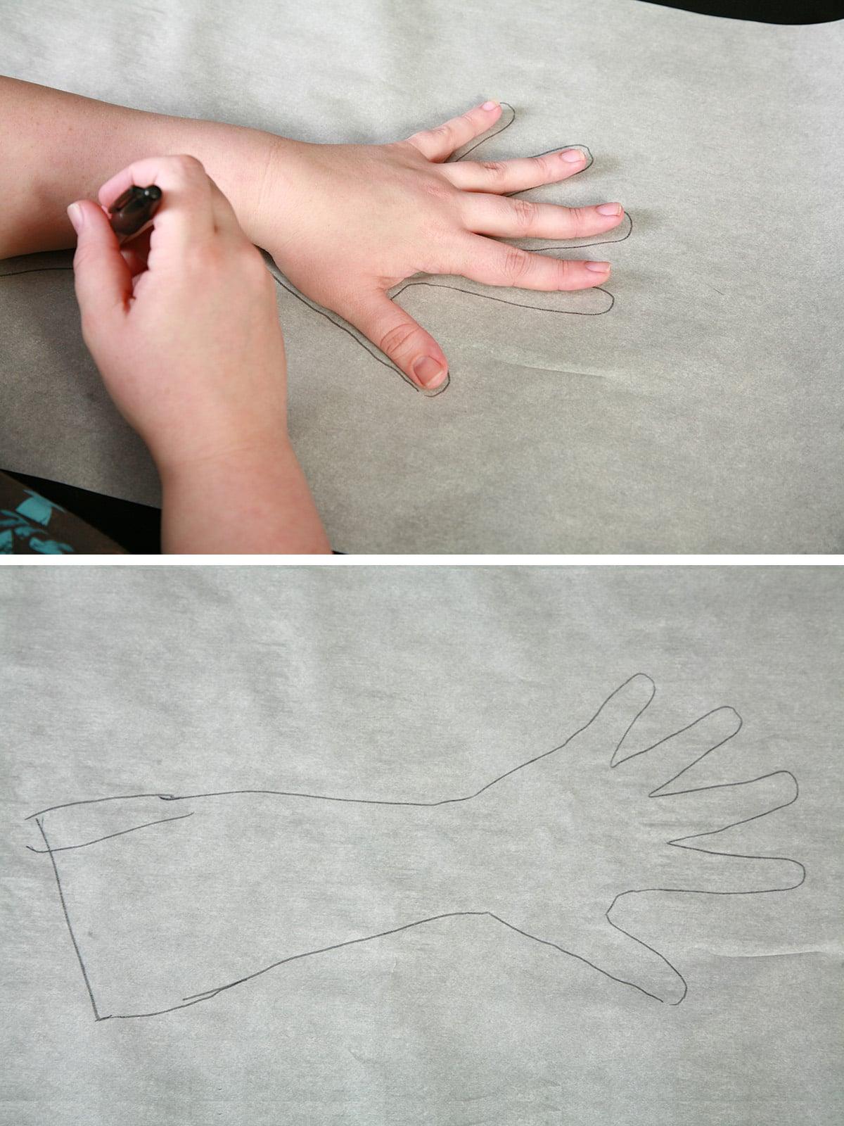 A two photo compilation image showing a hand being traced, and the tracing of the hand.