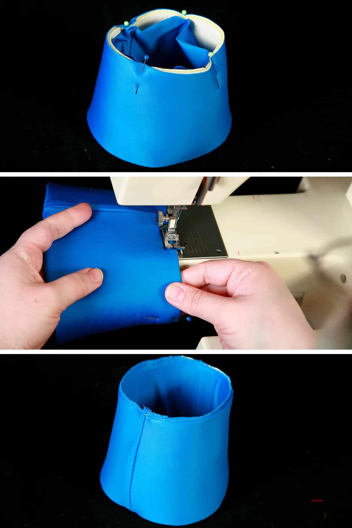 A three part compilation image showing two pieces of blue spandex being sewn to form a glove cuff.