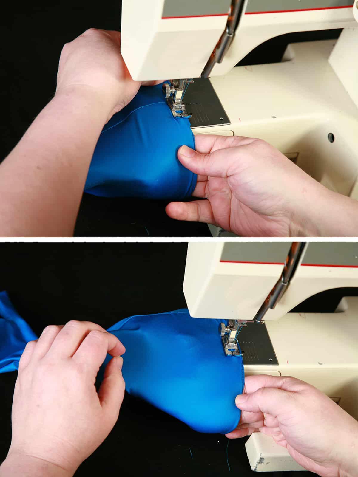 A two part compilation image showing the cuff being sewn to the blue spandex glove.