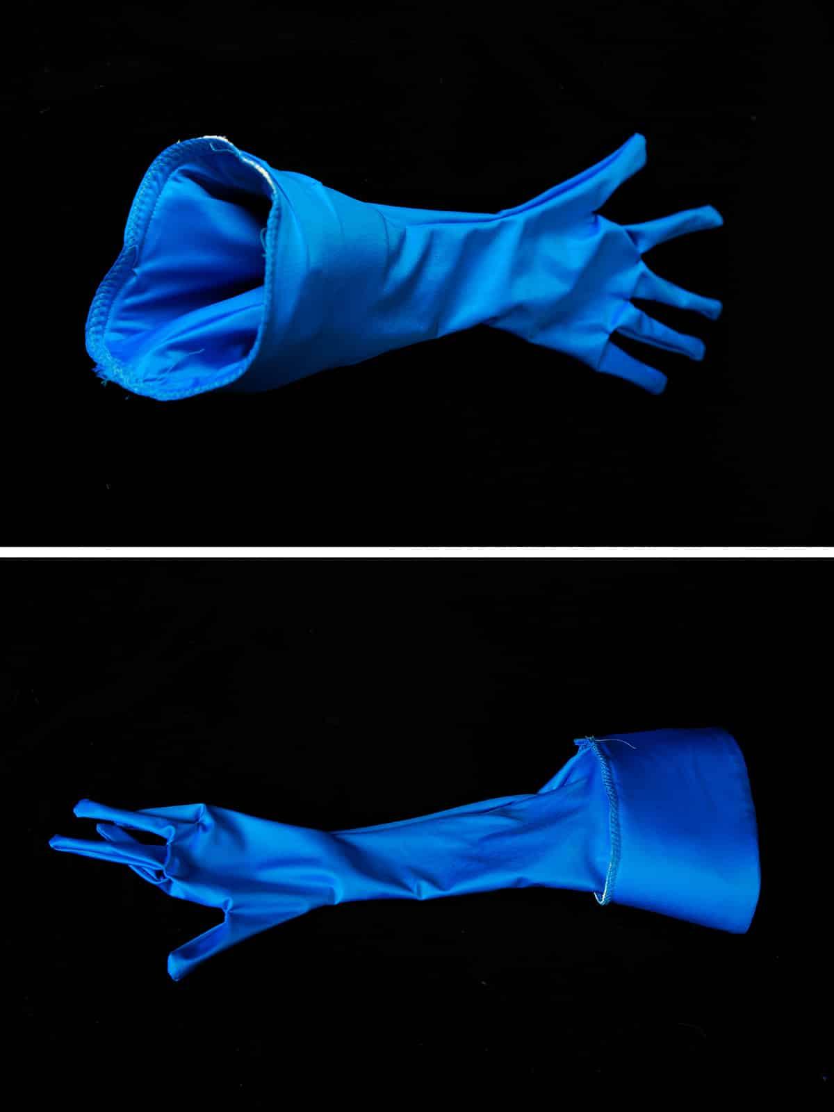 A two part compilation image showing the glove with the cuff still inside, and with the cuff pulled out.