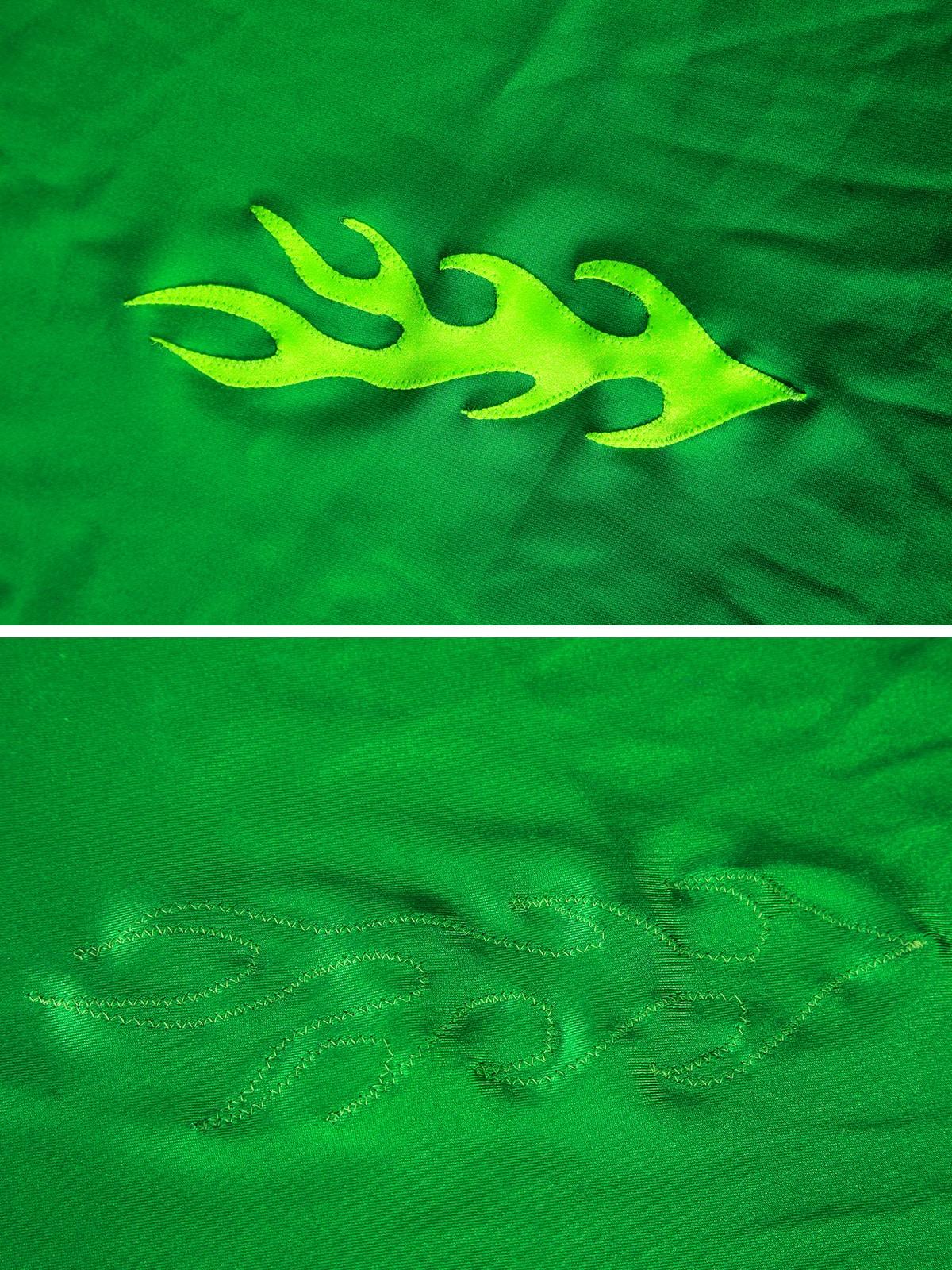 A two part compilation image showing the right and wrong sides of a neon green flame sewn onto a darker green spandex.