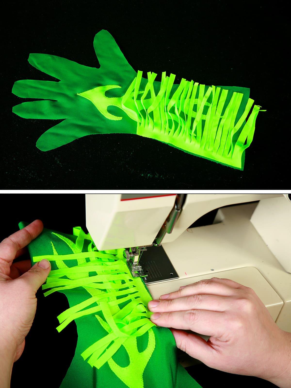 A two part compilation image showing neon green spandex frige being sewn into a darker green glove.