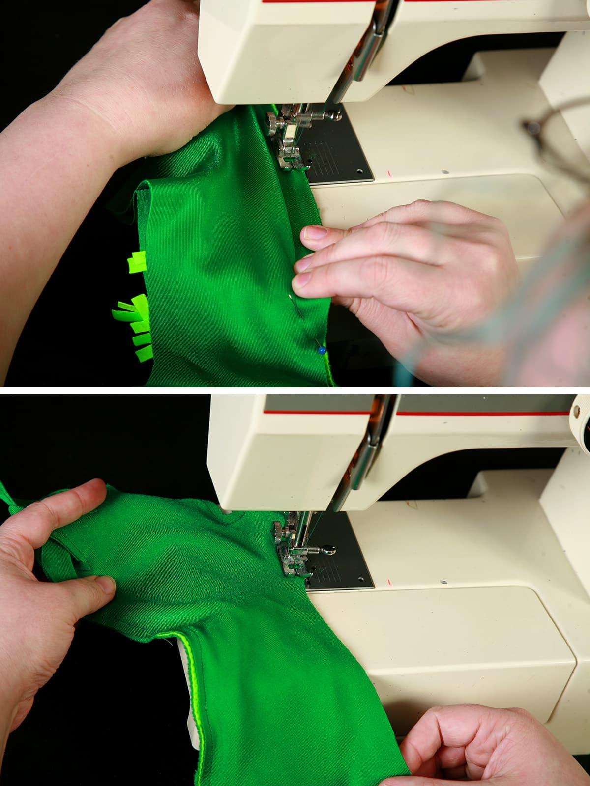 A two part compilatiom image showing a dark green glove being sewn in a sewing machine.