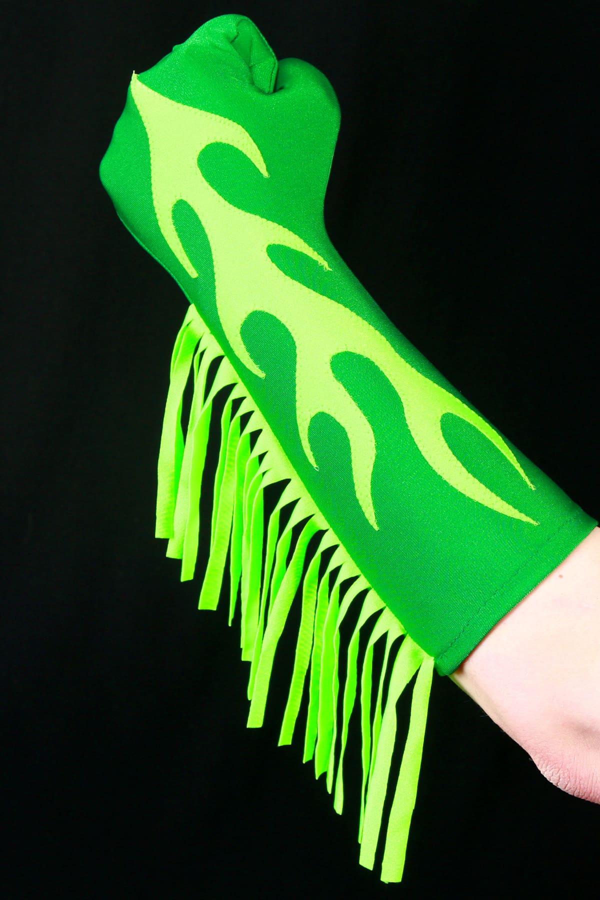 A dark green glove with bright green finge up one side, and a bright green appliqued flame design up the middle.