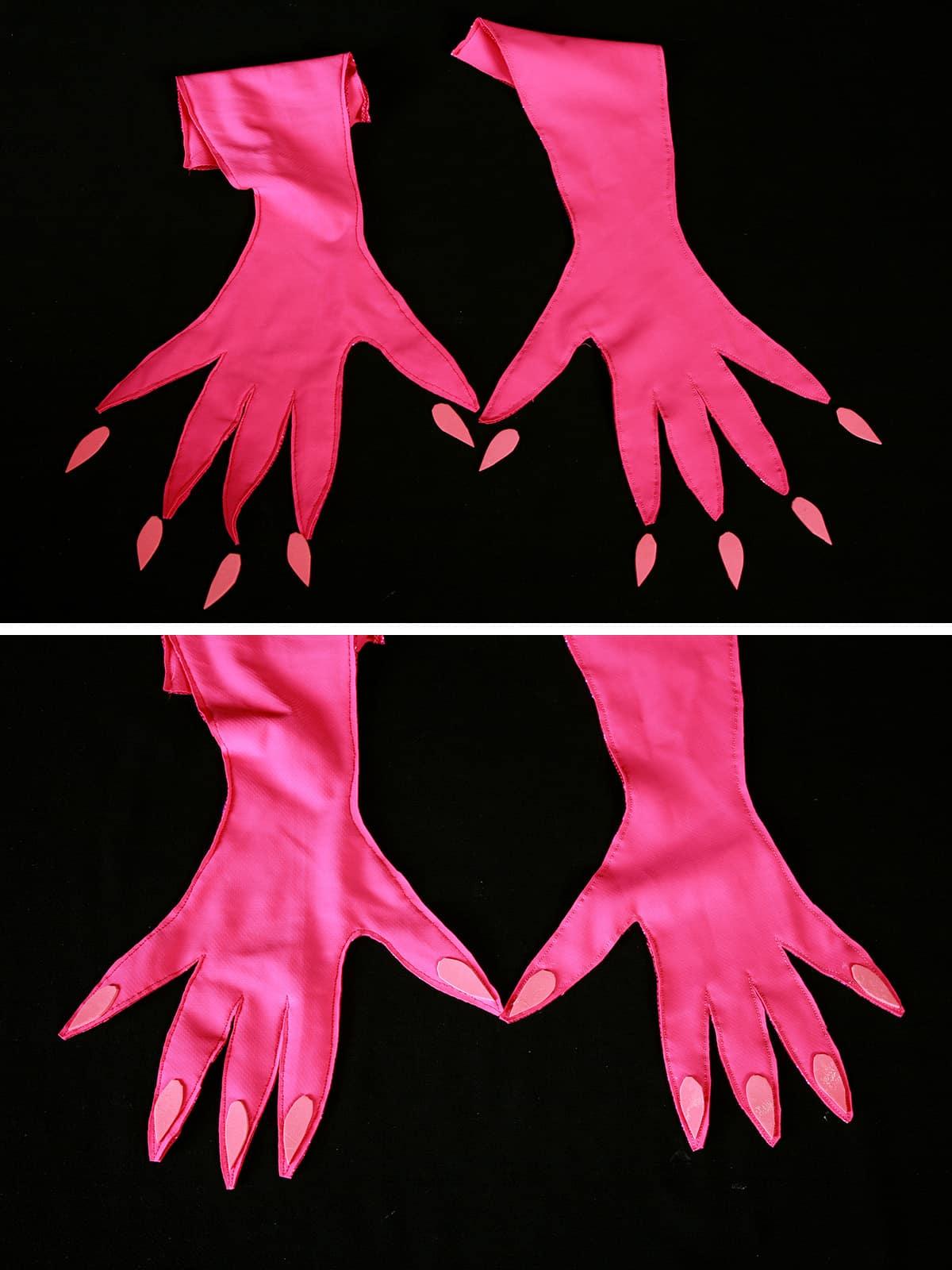 A 2 part compilation image showing the inside of the gloves before and after gluing the foam nails in.