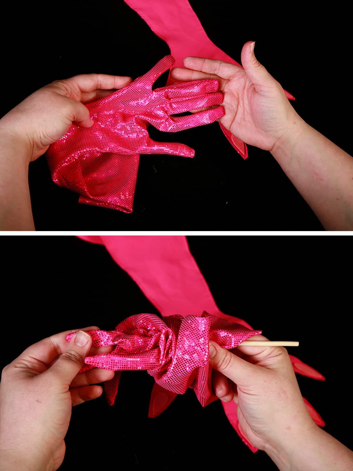 A two part compilation image showing the pink glove being turned right side out. In the bottom image, a chopstick is being inserted into the glove.