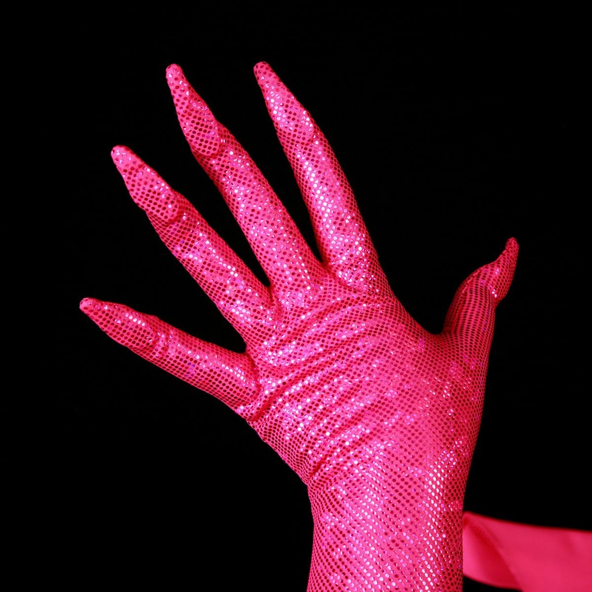 A hand is shown wearing a sparkly hot pink glove, with built in claws.