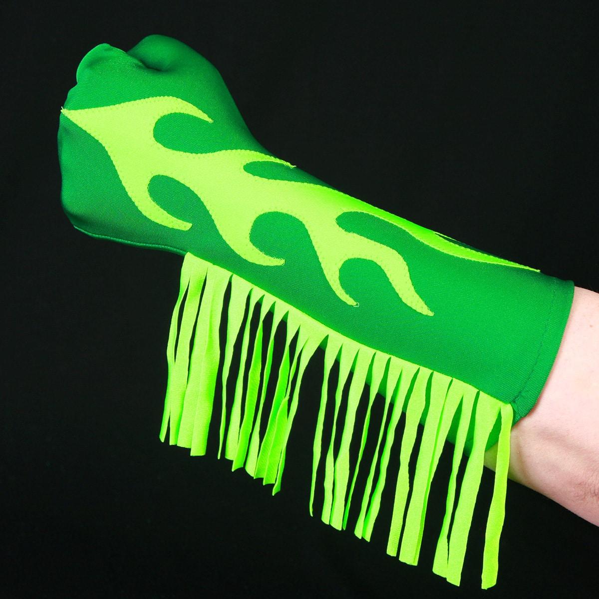 A dark green glove with bright green fringe up one side, and a bright green appliqued flame design up the middle.