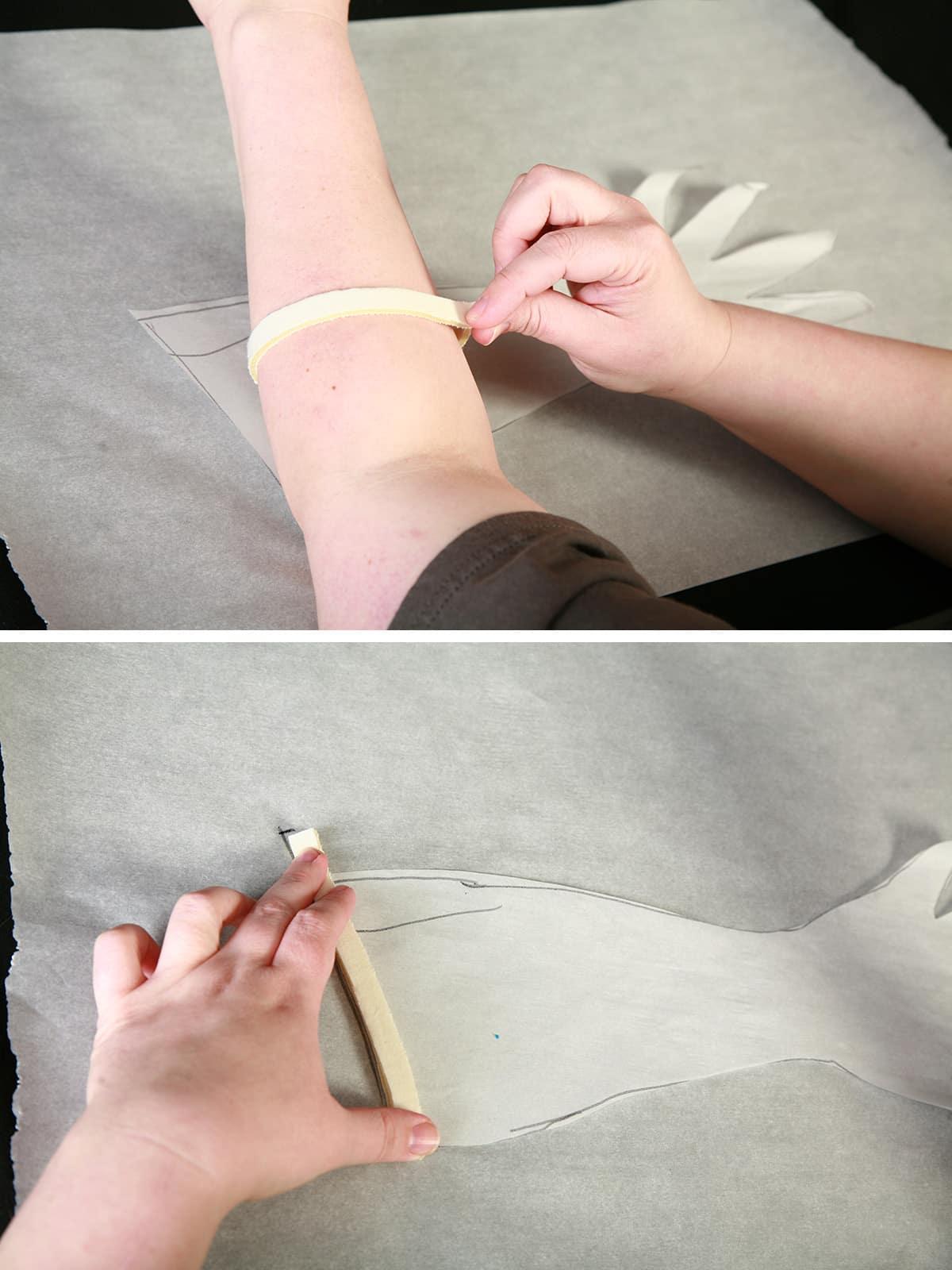 A two part compilation image showing a hand using a strip of foam to measure around an arm, then transfer it to a paper pattern.