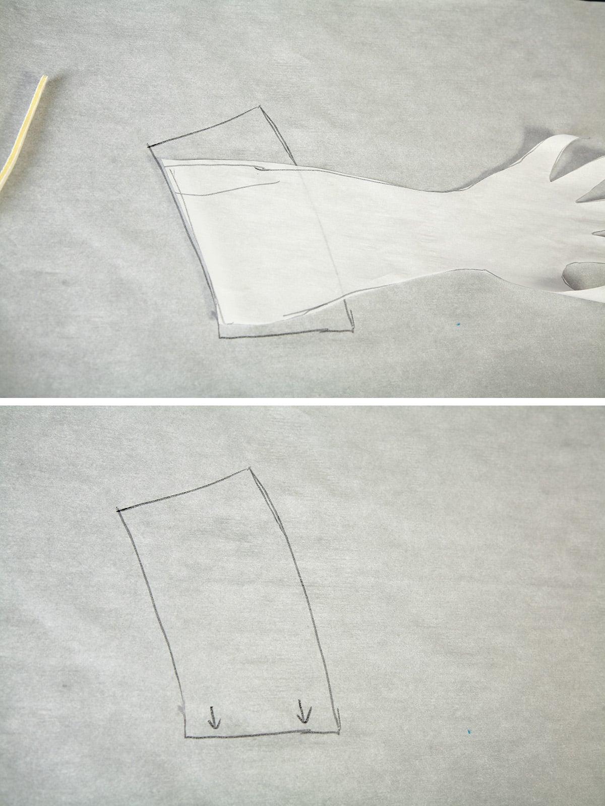 A two part compilation image showing the drafting of a cuff pattern.