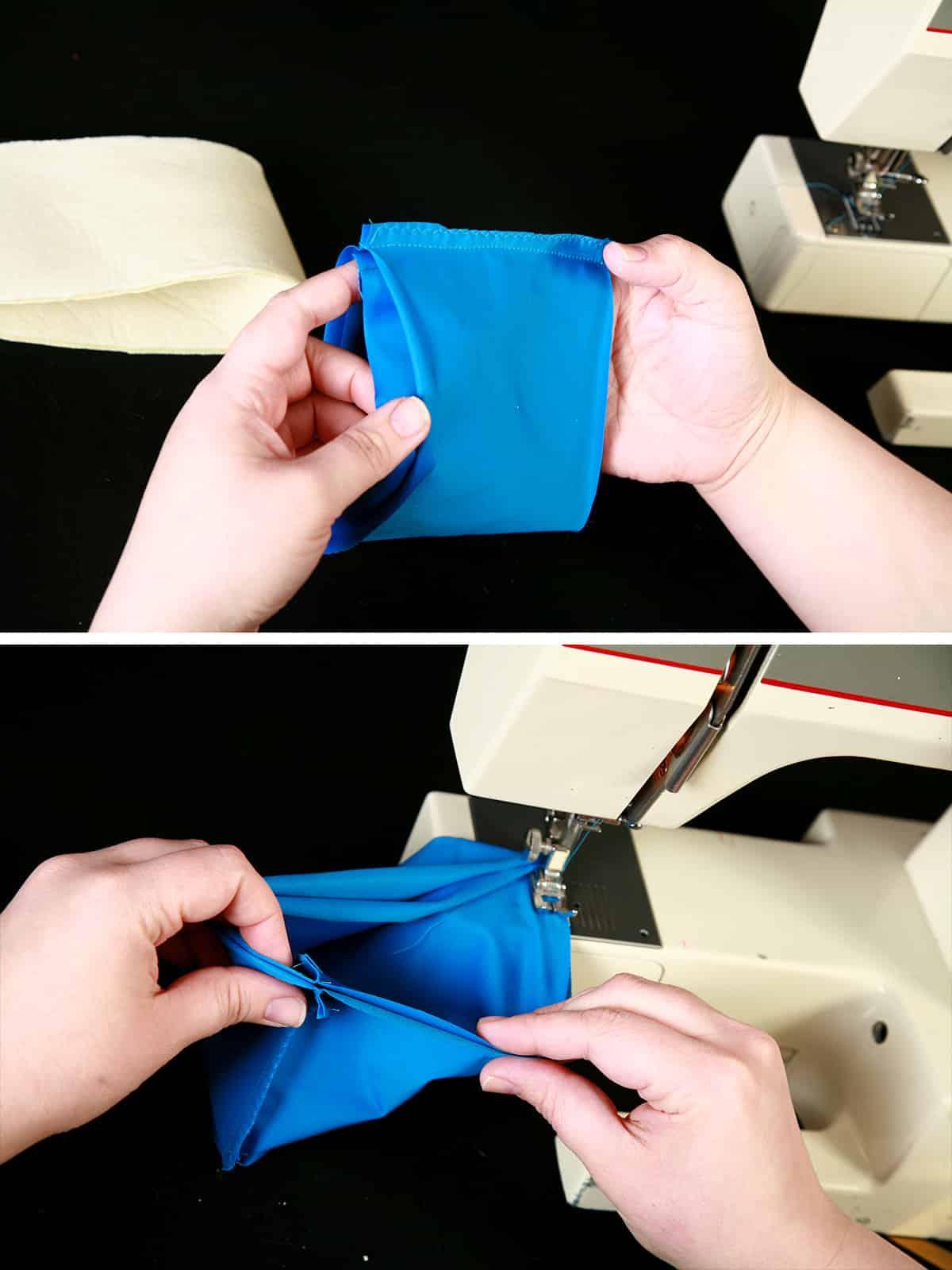 A two part compilation image showing two pieces of blue spandex being sewn to form a glove cuff.