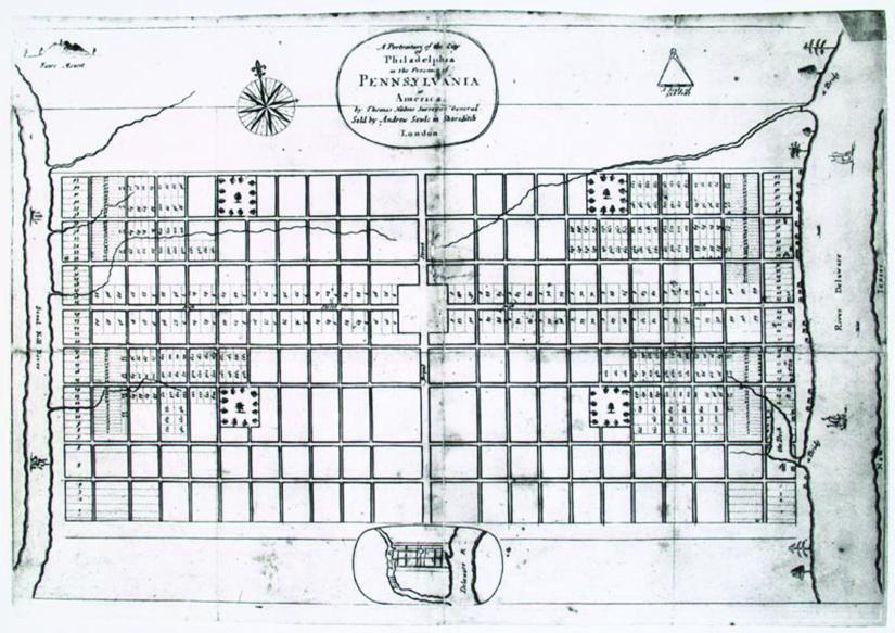 The first map depicting Philadelphia as a grid of streets and squares is shown.