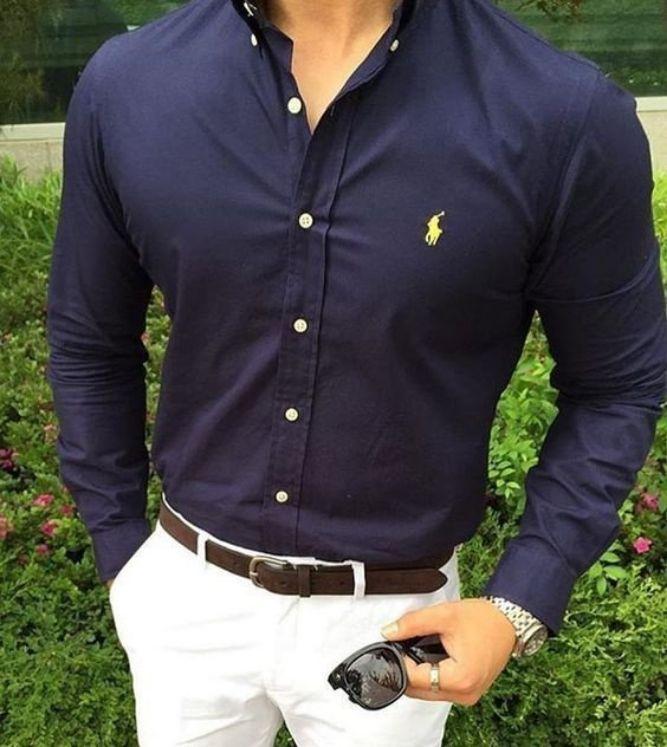 White Pants with Navy Blue Shirt