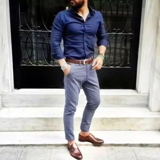 Grey Pants with Navy Blue Shirt