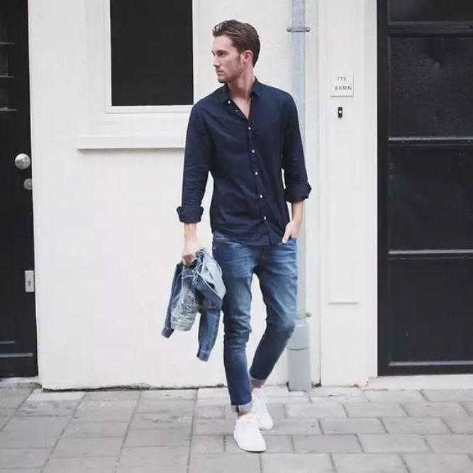 Denim Jeans with Navy Blue Shirt