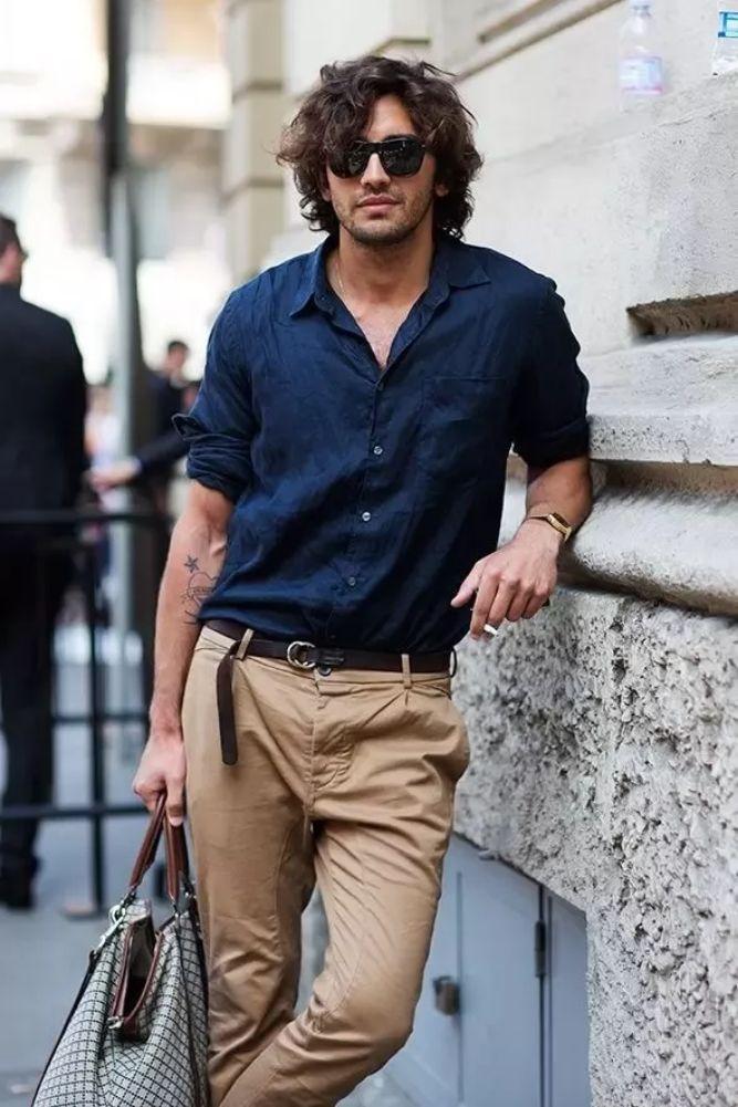 Brown Pants with Navy Blue Shirt