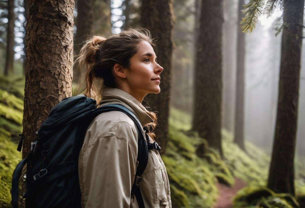 Person hiking with backpack of psilocybin mushrooms in nature.