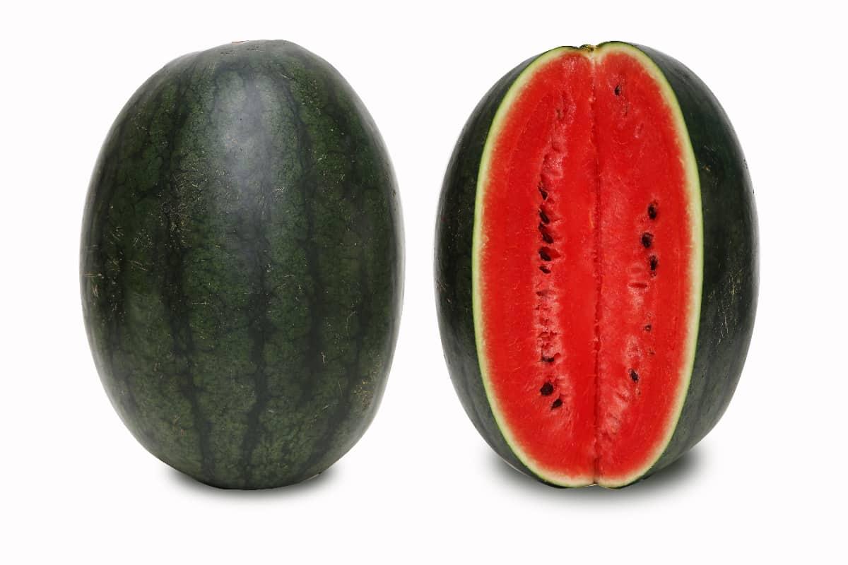A large, dark green rind watermelon.
