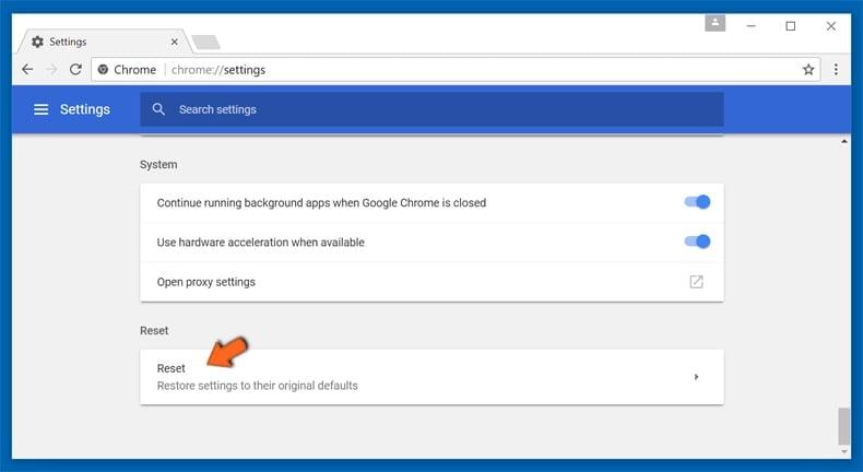 Google Chrome settings reset step 3