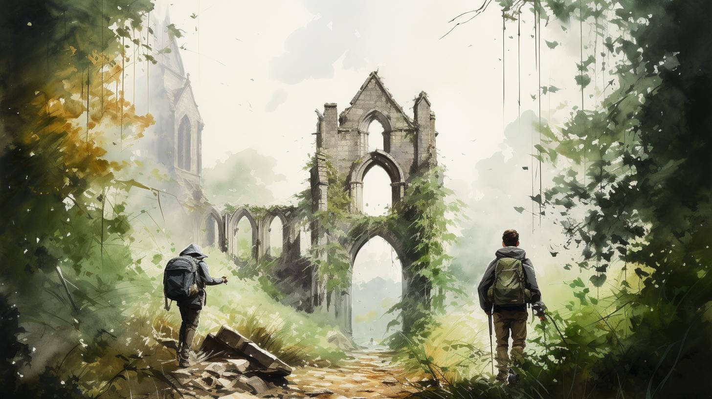 Two Explorers in front of a church ruin.