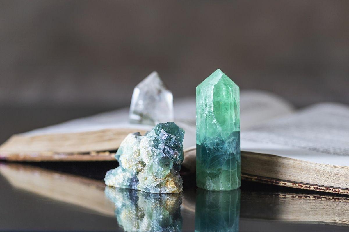 Crystals next to a book