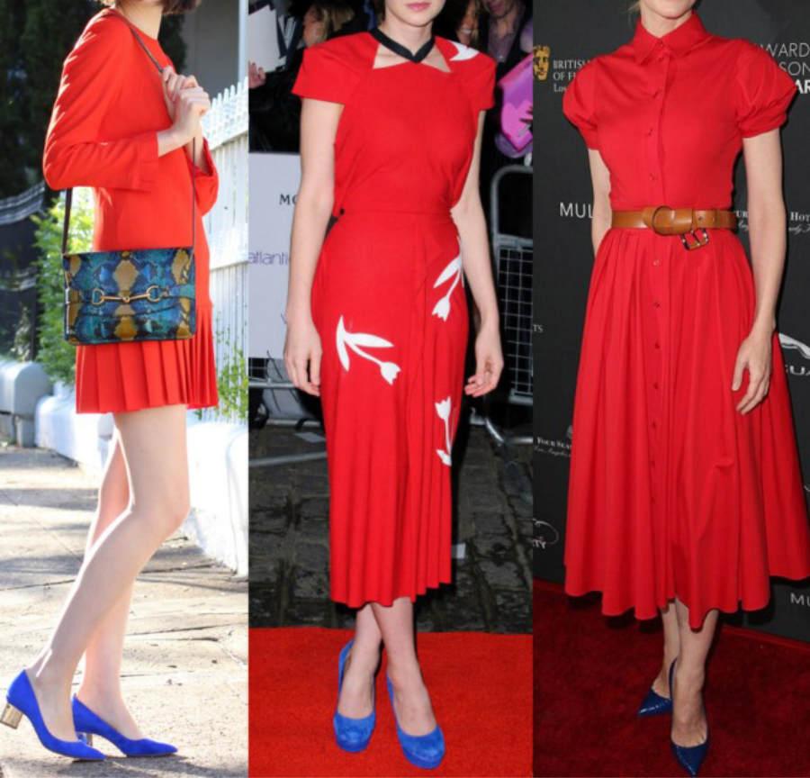 Three ladies wearing a red dress with brown shoes