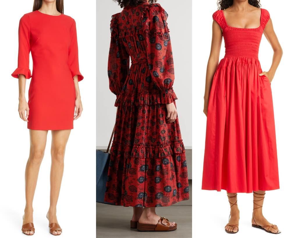 Collage of women wearing different color shoes with a red dress