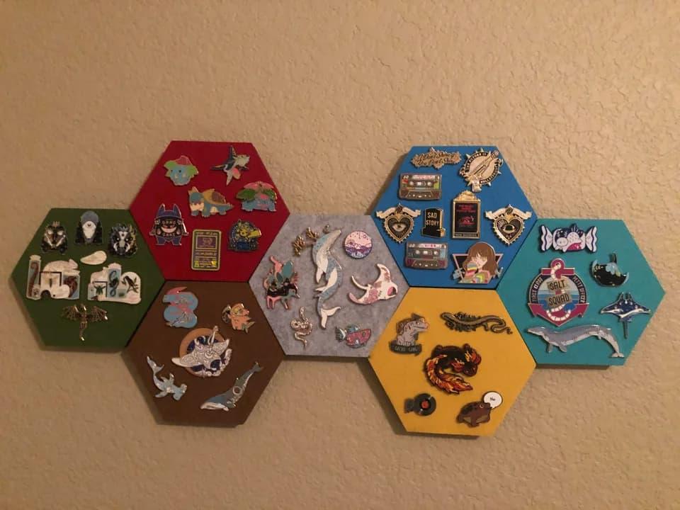 Hexagon-shaped enamel pin displays