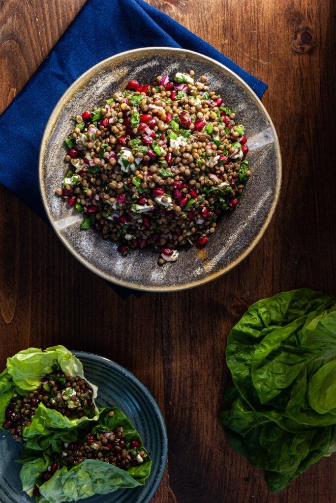 Lentil Salad with Feta and Pomegranate, with lettuce wrap