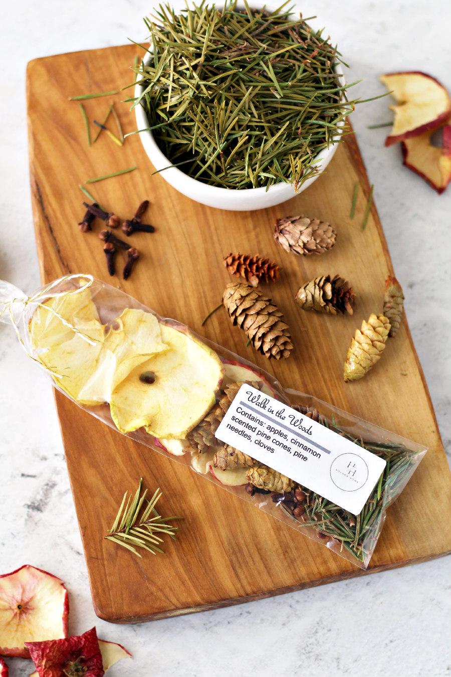 Walk in the Woods simmer pot kit made with pine needles, cinnamon pine cones, cloves, and apple slices.