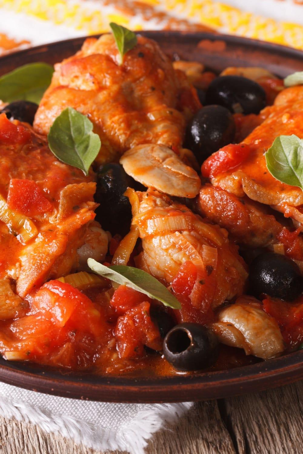 Homemade Chicken Cacciatore with Black Olives and Tomato Sauce