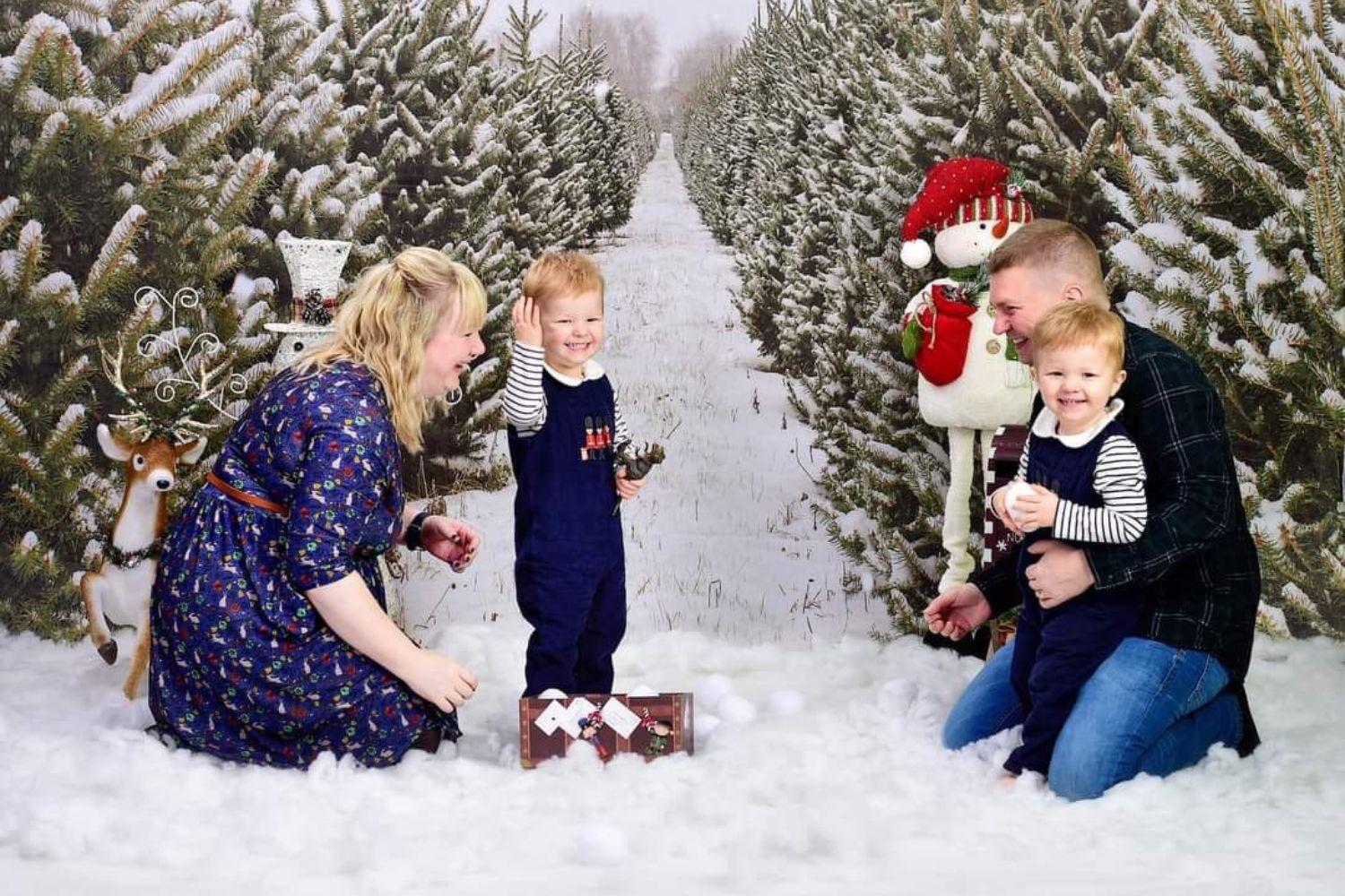 family Chritmas photo with Kate Christmas Pine Tree Farm Path Backdrop for Photography