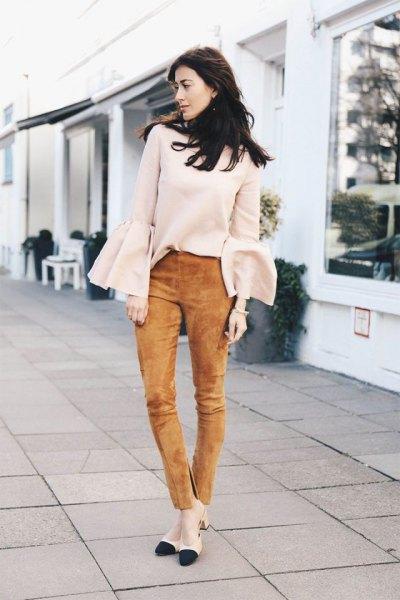 green suede pants white bell sleeve sweater