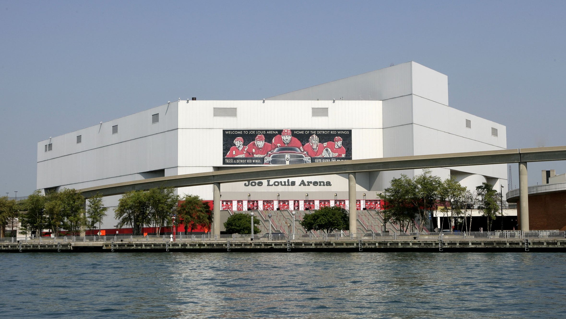 Exterior of Joe Louis Arena as seen from the Detroit River, Tuesday, July 22, 2014.