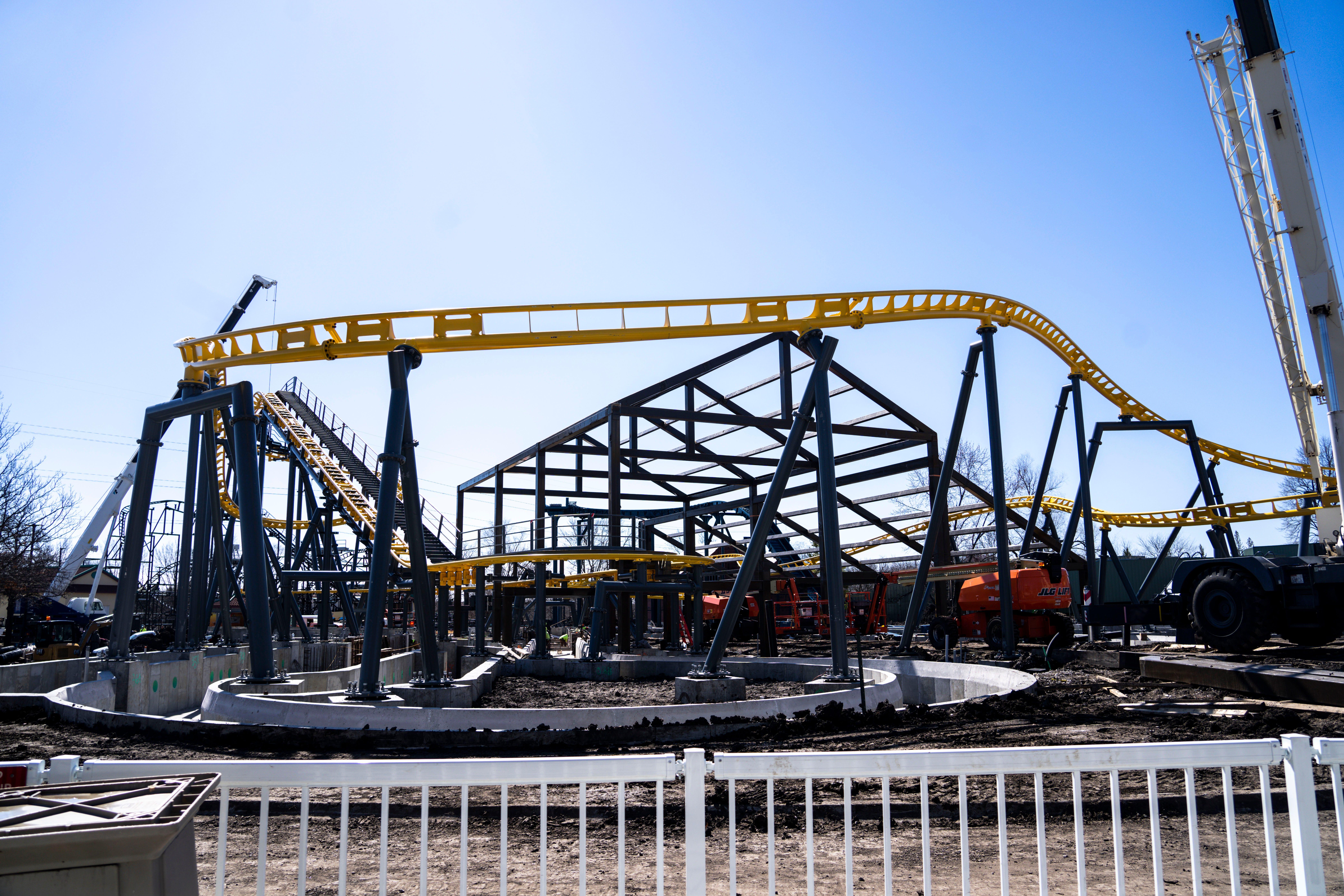 Construction continues on the Flying Viking roller coaster and Draken Falls log ride during a media tour at Adventureland Park in Altoona.