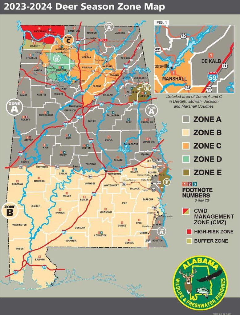 Map of Alabama's 2023-2024 deer zones.