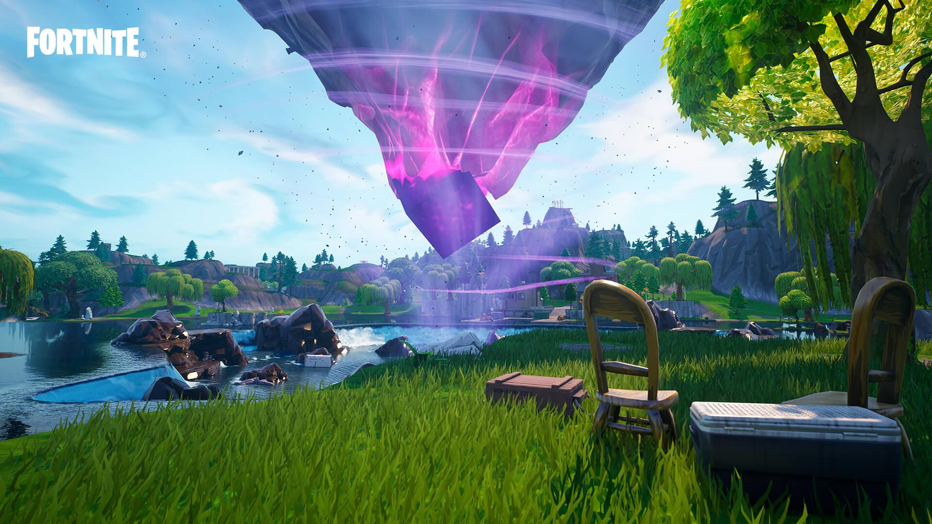 A rocket, Battle Bus, microphone, guitar and rubber duck flying through space behind a ‘The Big Bang’ Fortnite promotional logo.