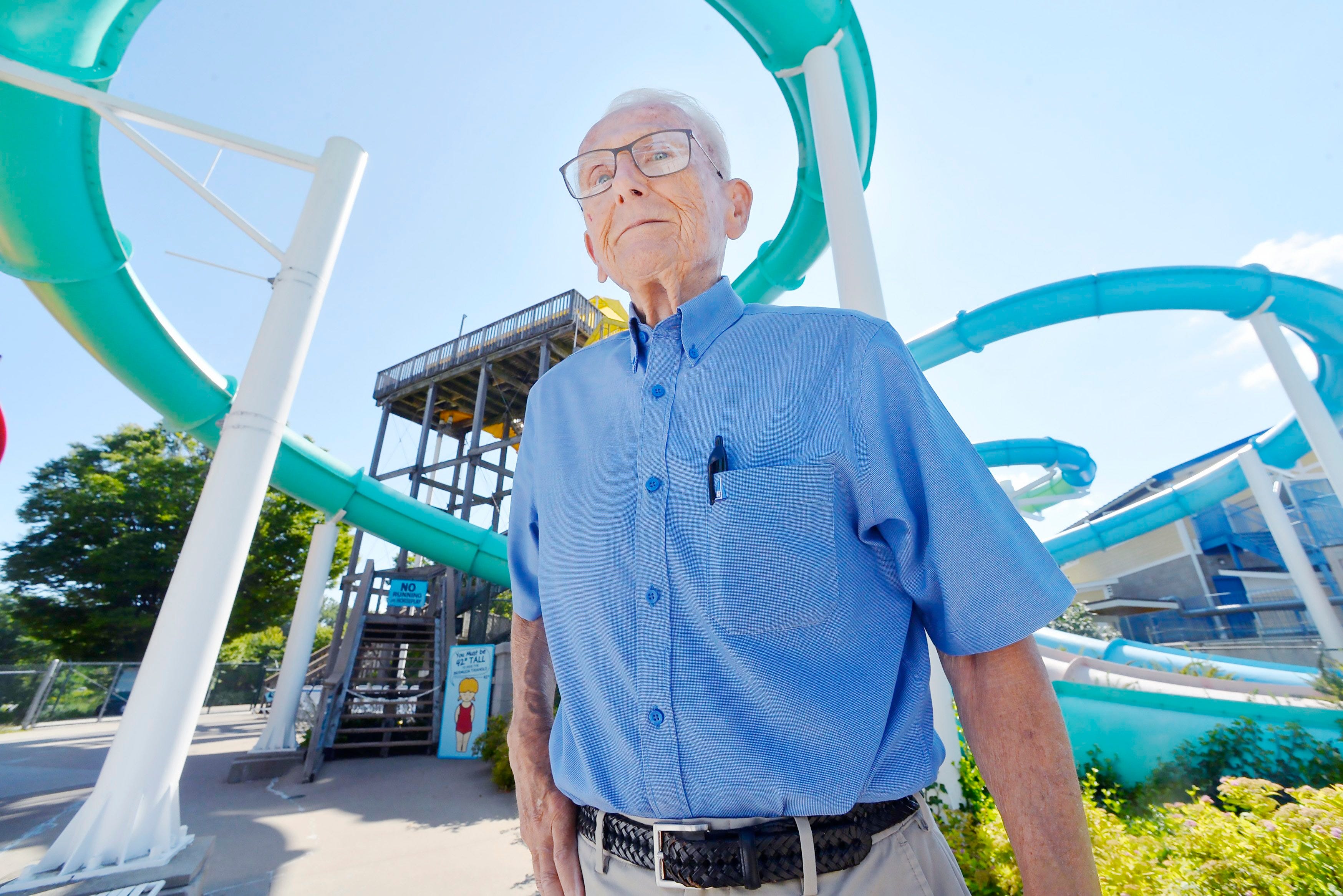 Waldameer Park & Water World owner Paul Nelson, 89, describes the path of a new $9 million water slide planned for the park during a tour in Millcreek Township on Aug. 27.