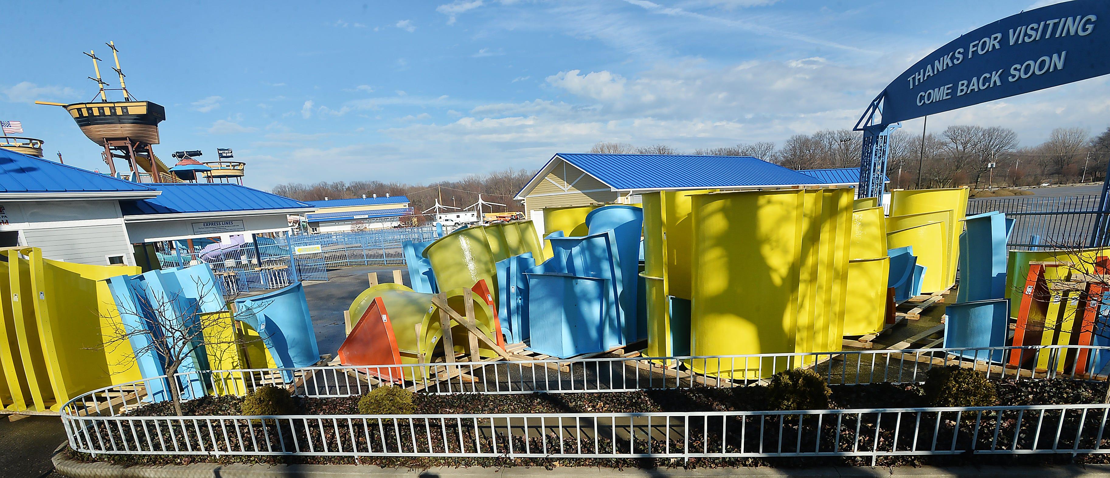 Parts of a new water slide being built at Waldameer Park & Water World are stacked at the park in Millcreek Township on Feb. 8, 2023.