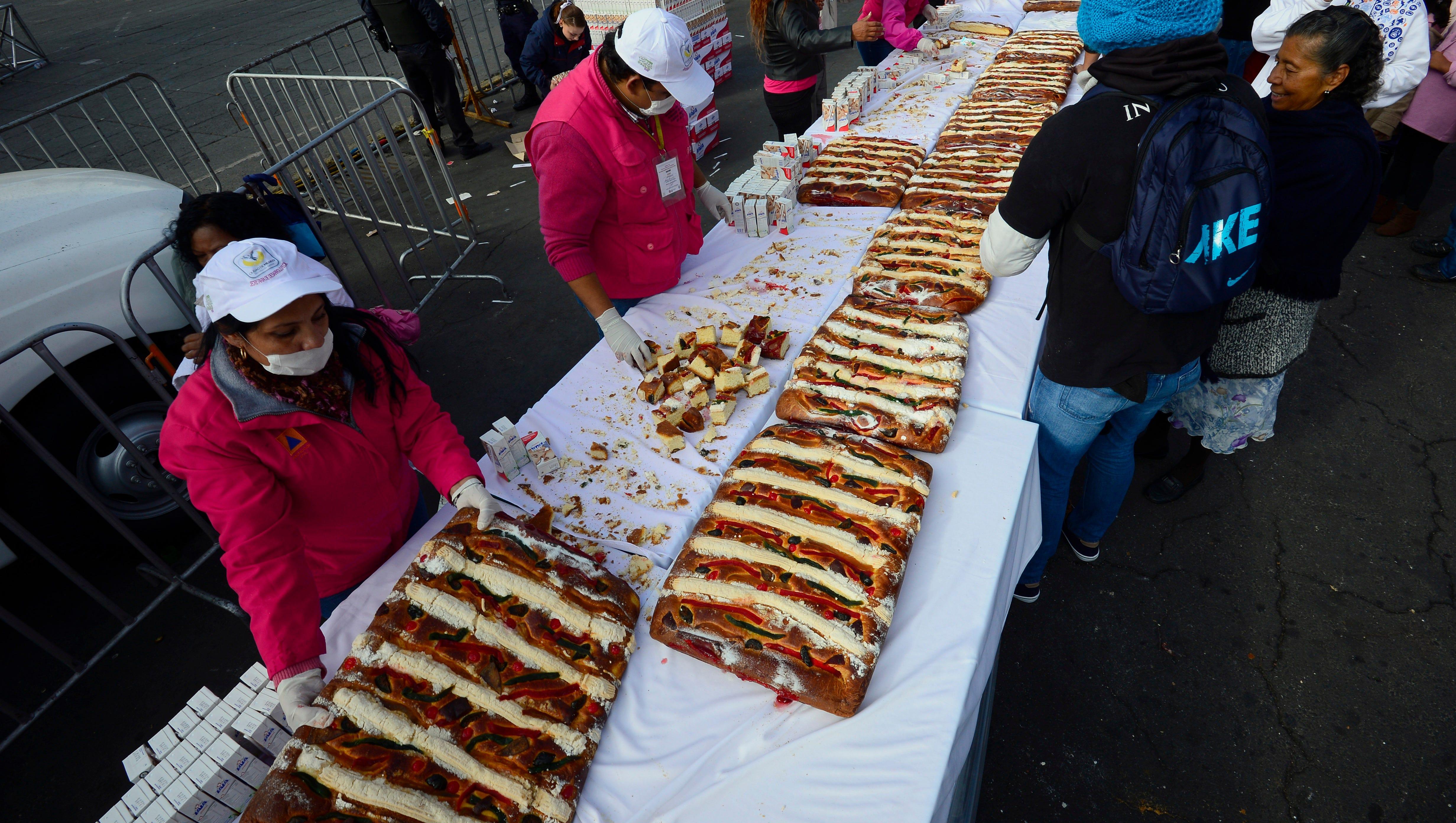 A city in Mexico celebrates Día de los Tres Reyes Magos with a big Rosca de Reyes, an elaborate pastry known as a king