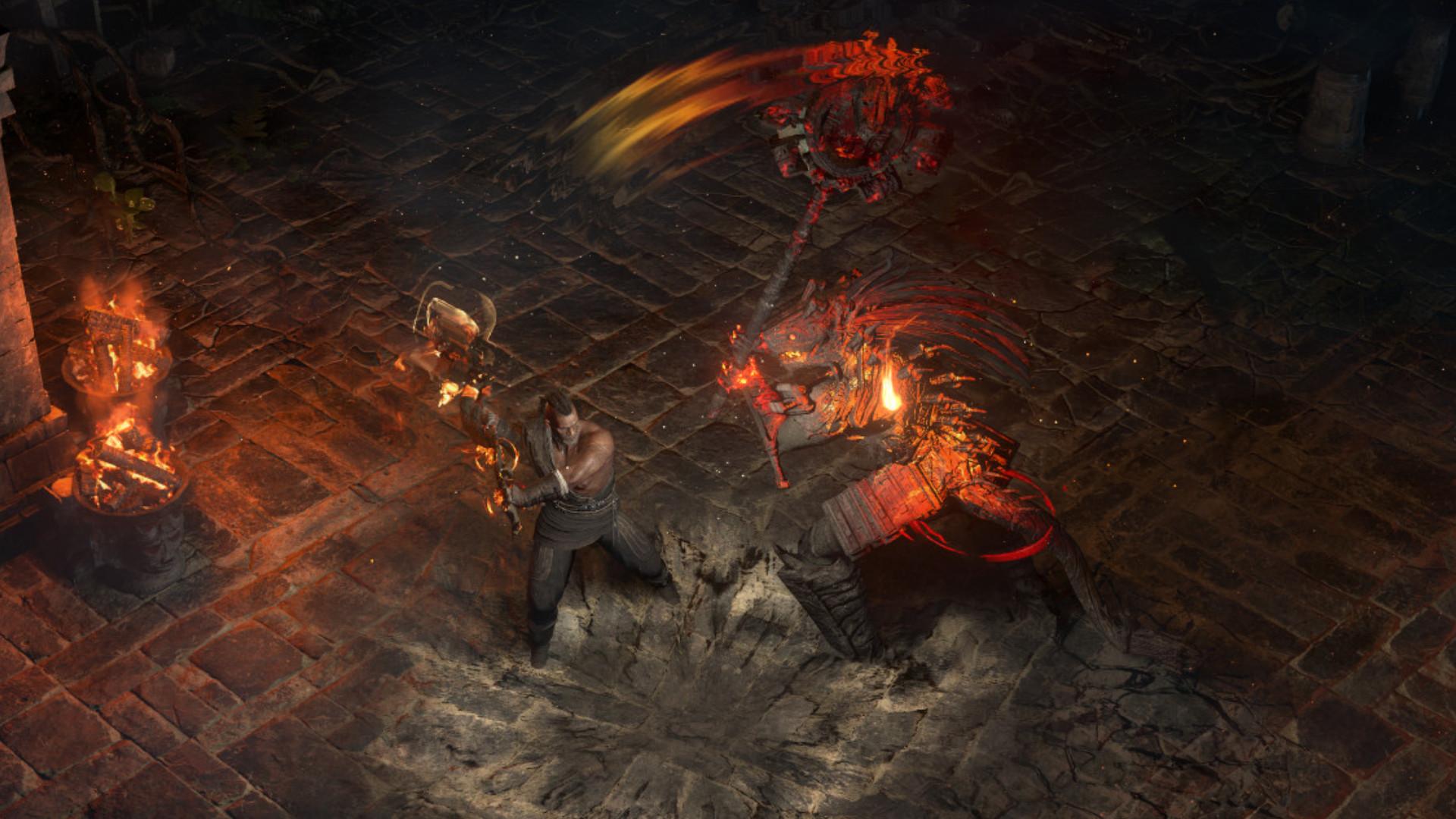 Path of Exile 2 release date - a figure approaches a chained prisoner, held down by multiple steel chains attached to the floor, their eyes glowing brightly.