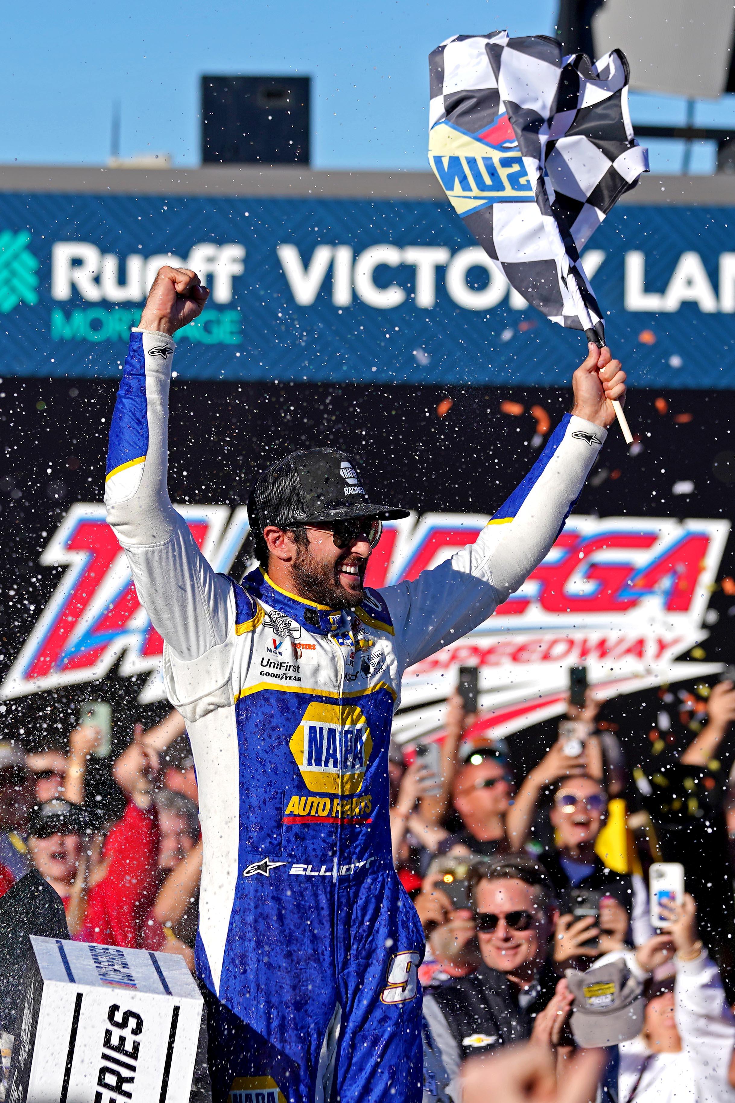 Oct 2, 2022; Talladega, Alabama, USA; NASCAR Cup Series driver Chase Elliott (9) celebrates winning the Yellawood 500 at Talladega Superspeedway. Mandatory Credit: Peter Casey-USA TODAY Sports