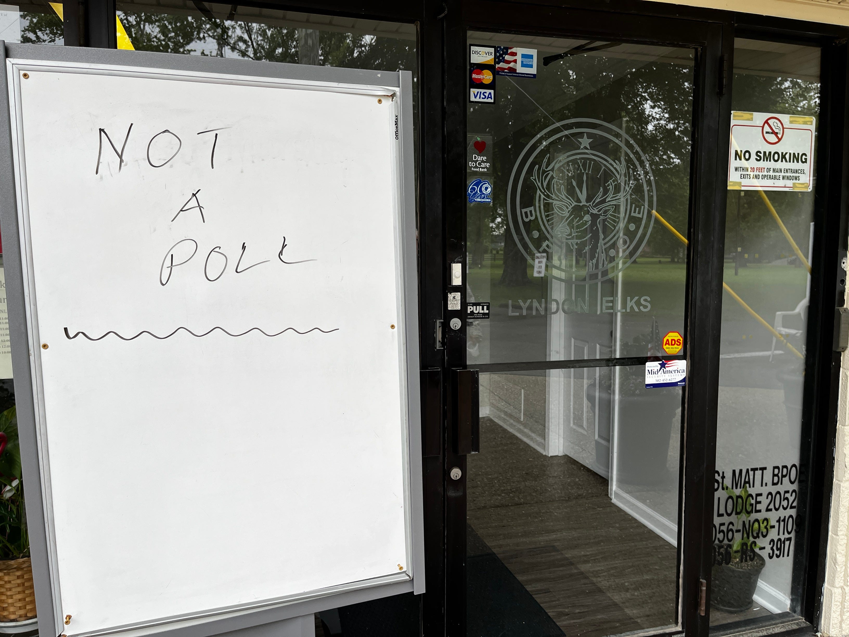 A sign placed outside Lyndon Elks lets Kentucky voters know that it is no longer a polling location during the Kentucky Primaries on Tuesday, May 16, 2023. It was however, a polling location for early voting.