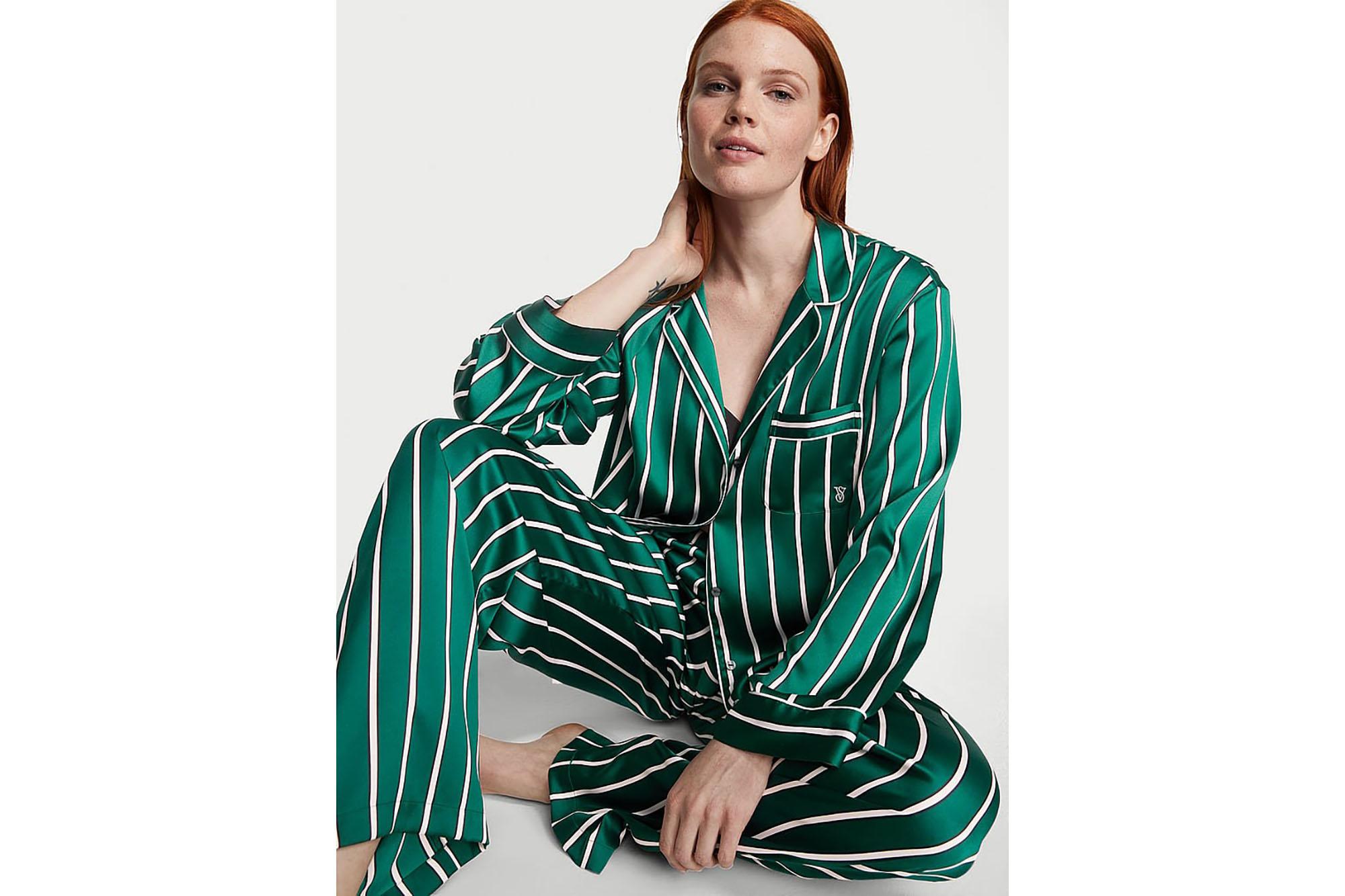 satin long-sleeve pajama set in green and white stripes