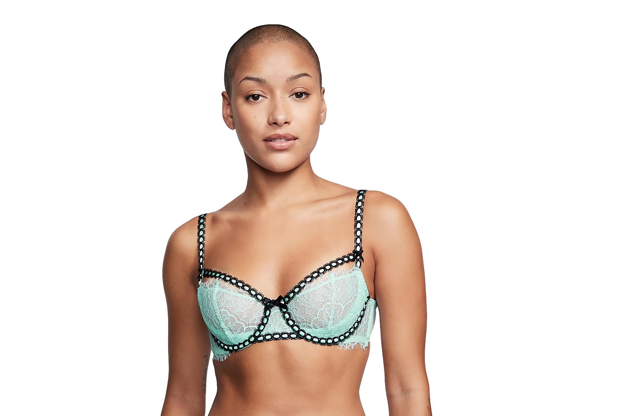 model wearning blue laced bra