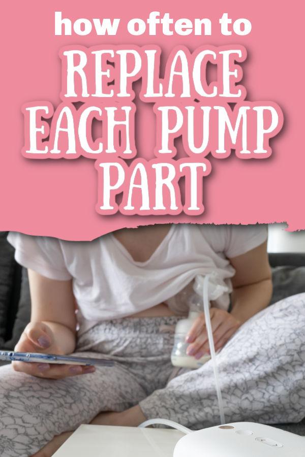 woman sitting on couch wearing white t-shirt and pajama pants while pumping breast milk on one side and looking at her phone with text overlay How Often to Replace Each Pump Part