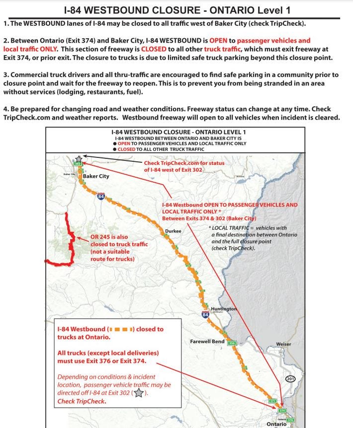 Westbound Interstate 84 traffic between Ontario and Baker City was closed to all trucks Sunday, Jan. 7, 2024, due to "limited safe truck parking" on that stretch of the interstate.