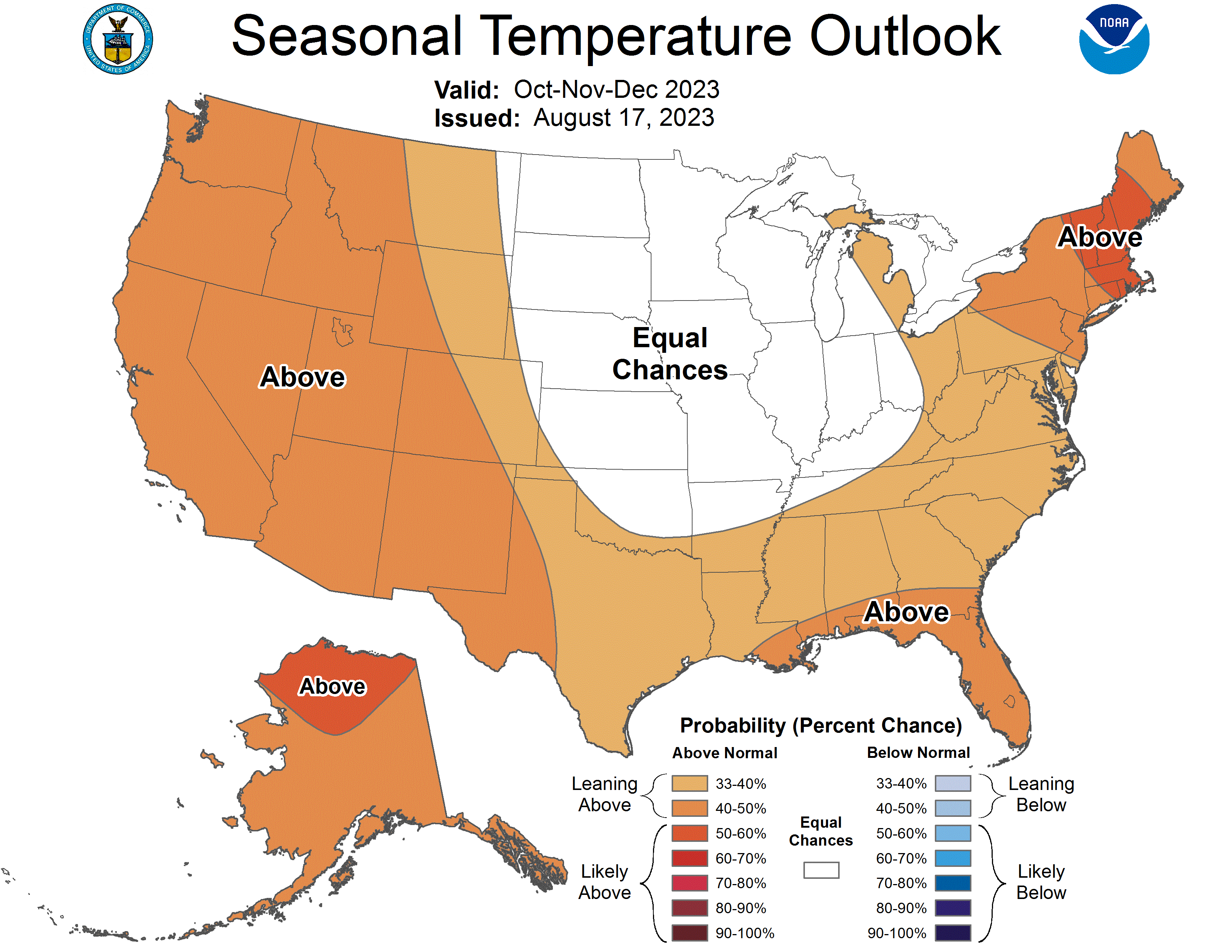 Seasonal temperature outlook for September, October and November 2023 from the National Weather Service.